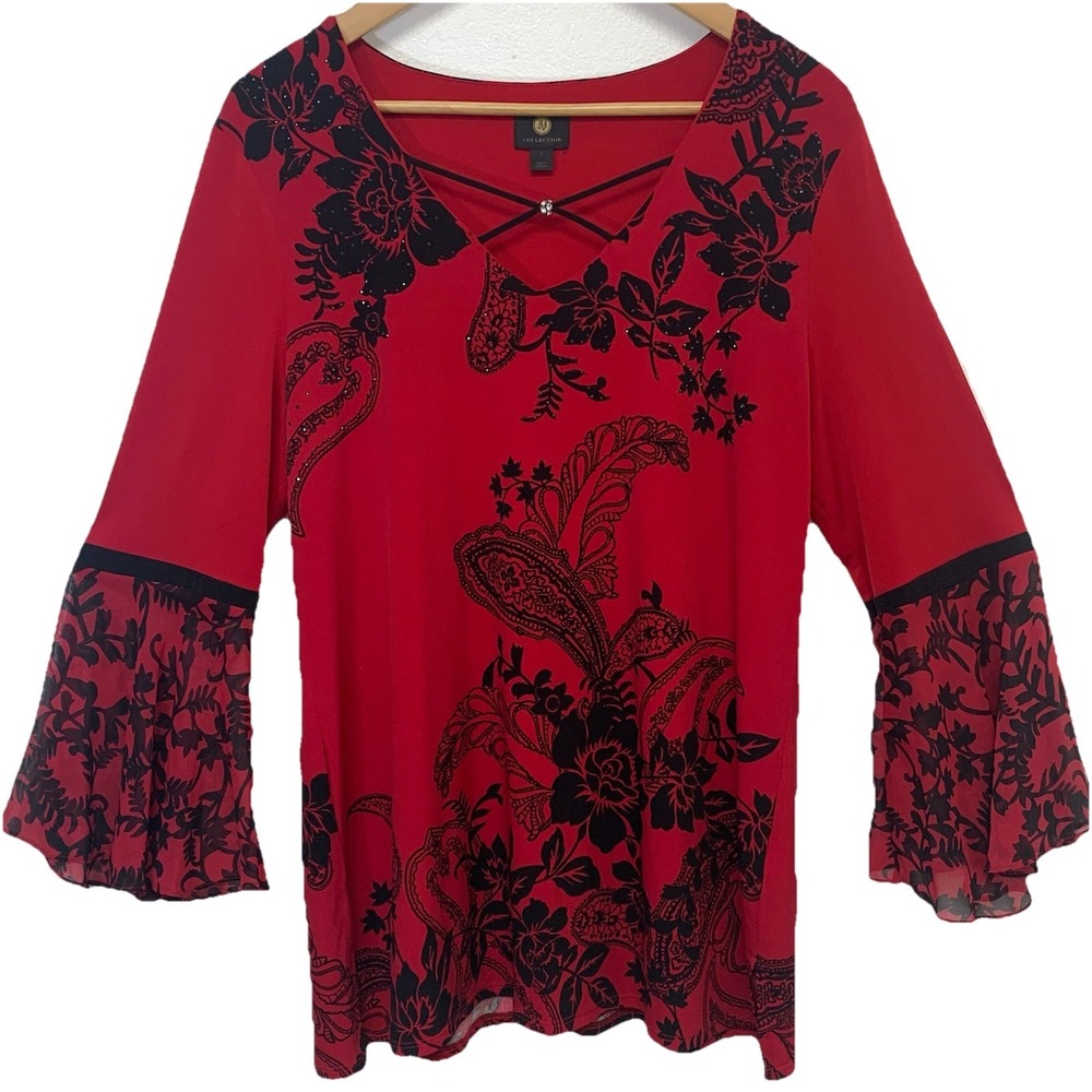 J M Collection Red Floral Blouse Woman L Beaded Flare Sleeve Oversized Stretch